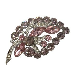 Vintage Eisenberg Ice Silver Tone Pink Clear Rhinestone Brooch Pin Sparkling